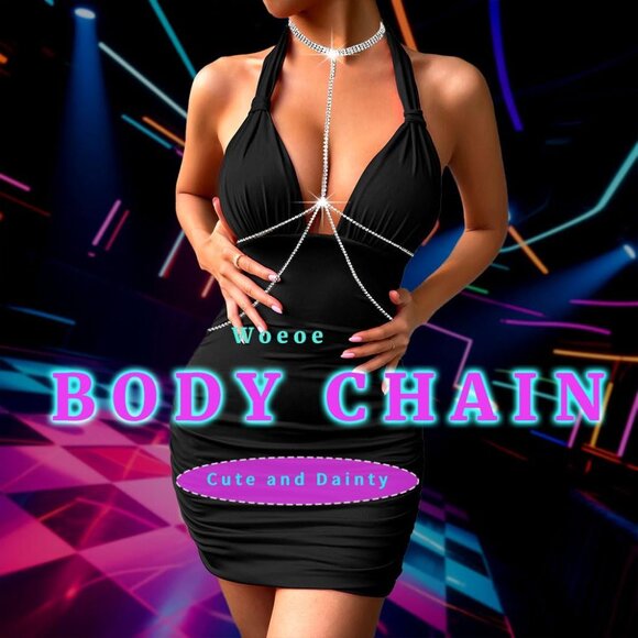 Sexy Rhinestone Body Chain Silver Chest Jewelry Adjustable for Women - Picture 6 of 7